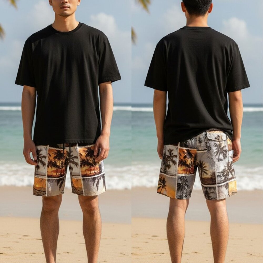 Newport Blue Mens Tropical Sunset Print Swim Trunks With Pockets Elastic Waist &